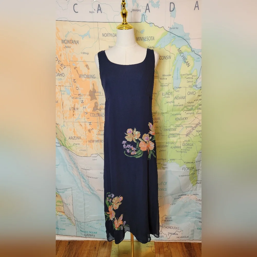 Robbie Bee 100% Silk floral Navy Sleeveless Dress Size 10 - Picture 1 of 14